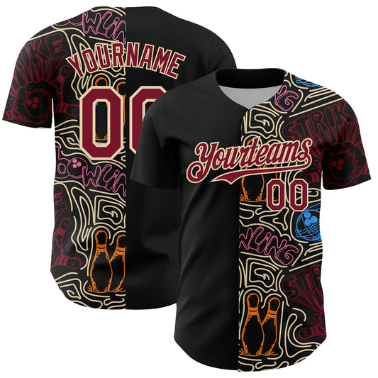 Custom Black Crimson-Cream Bowling Doodle Split Authentic Baseball Jersey