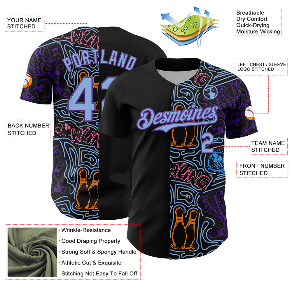 Custom Black Light Blue-Purple Bowling Doodle Split Authentic Baseball Jersey