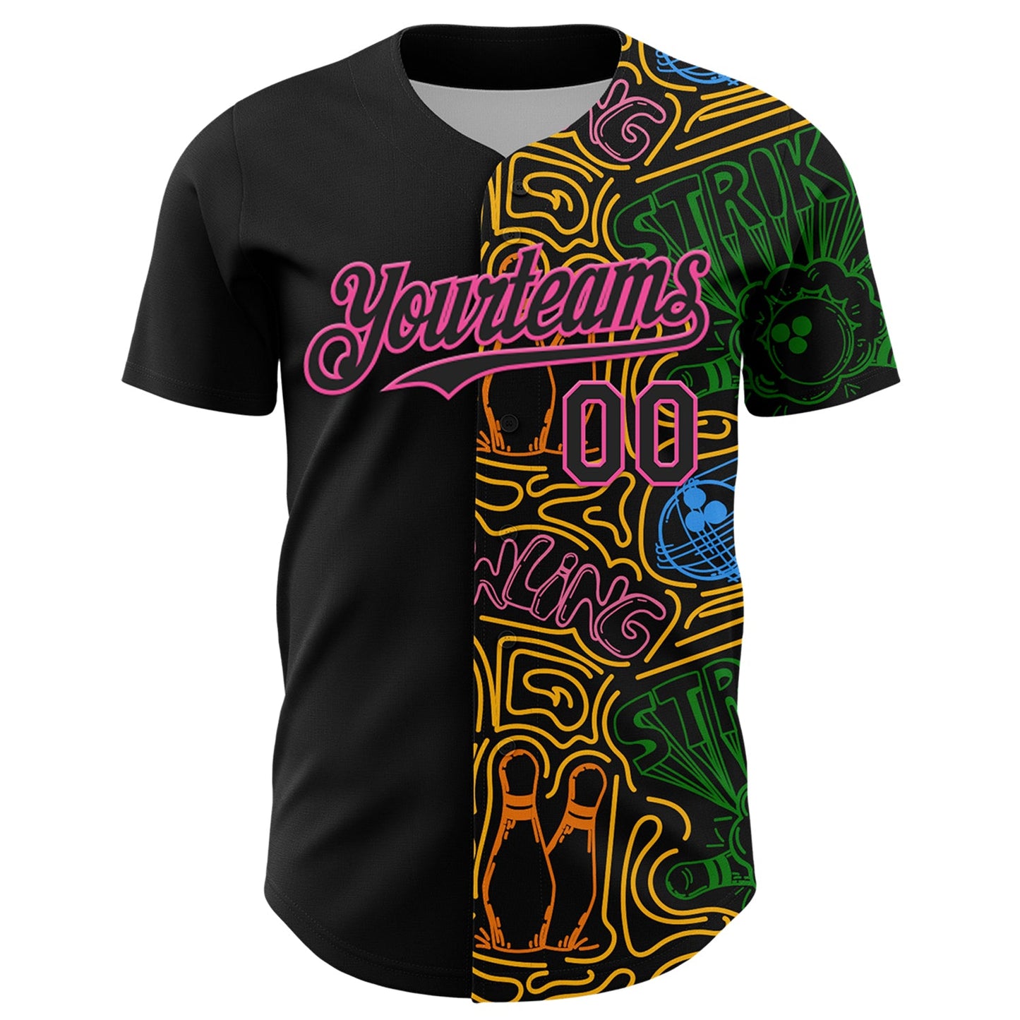 Custom Black Pink Grass Green-Gold Bowling Doodle Split Authentic Baseball Jersey