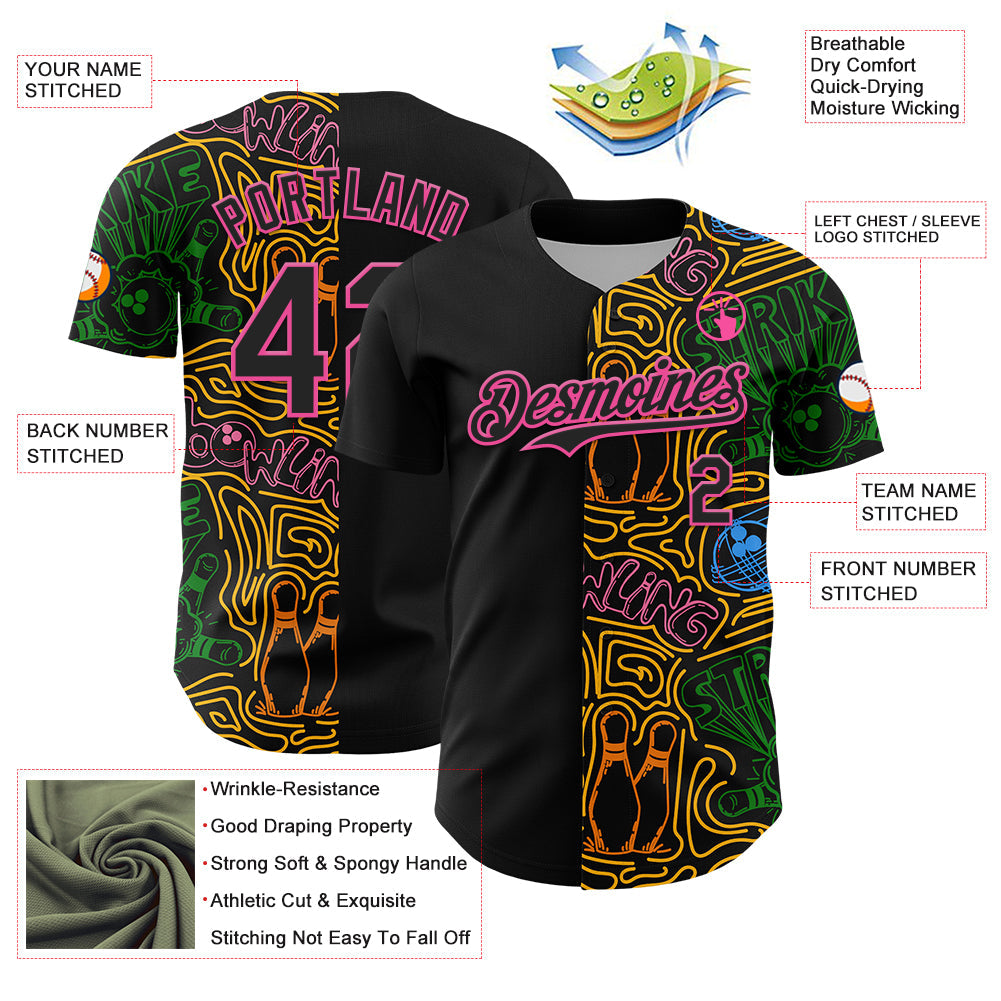 Custom Black Pink Grass Green-Gold Bowling Doodle Split Authentic Baseball Jersey