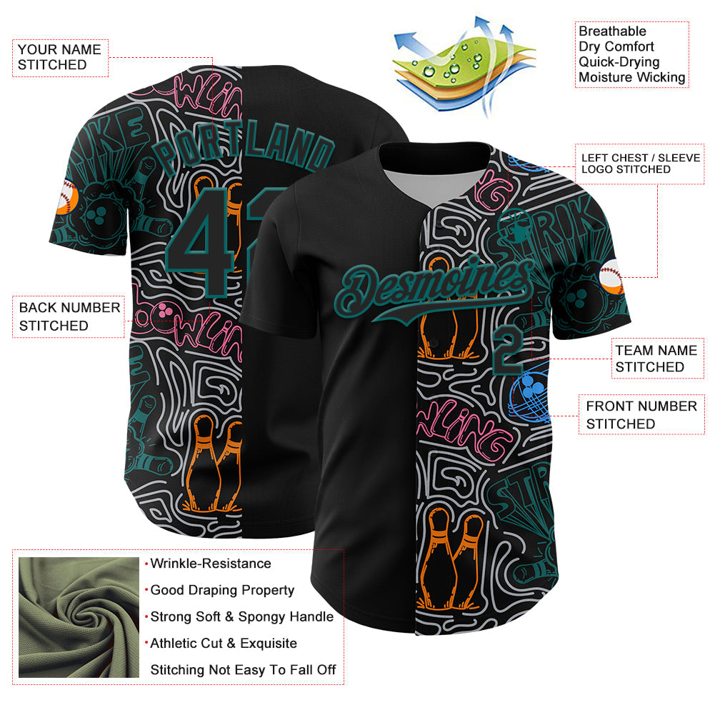 Custom Black Teal-Gray Bowling Doodle Split Authentic Baseball Jersey