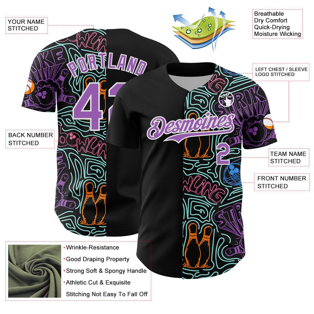 Custom Black Medium Purple White-Ice Blue Bowling Doodle Split Authentic Baseball Jersey