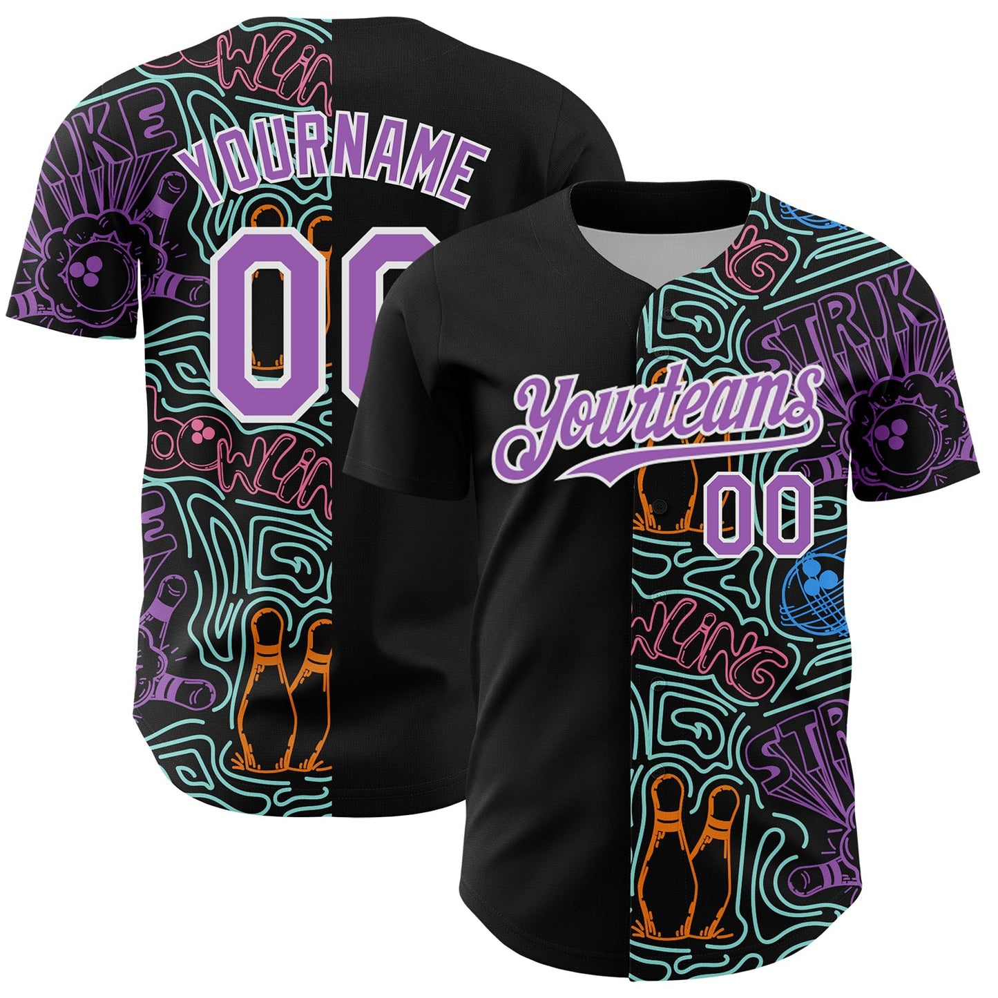 Custom Black Medium Purple White-Ice Blue Bowling Doodle Split Authentic Baseball Jersey