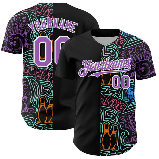 Custom Black Medium Purple White-Ice Blue Bowling Doodle Split Authentic Baseball Jersey