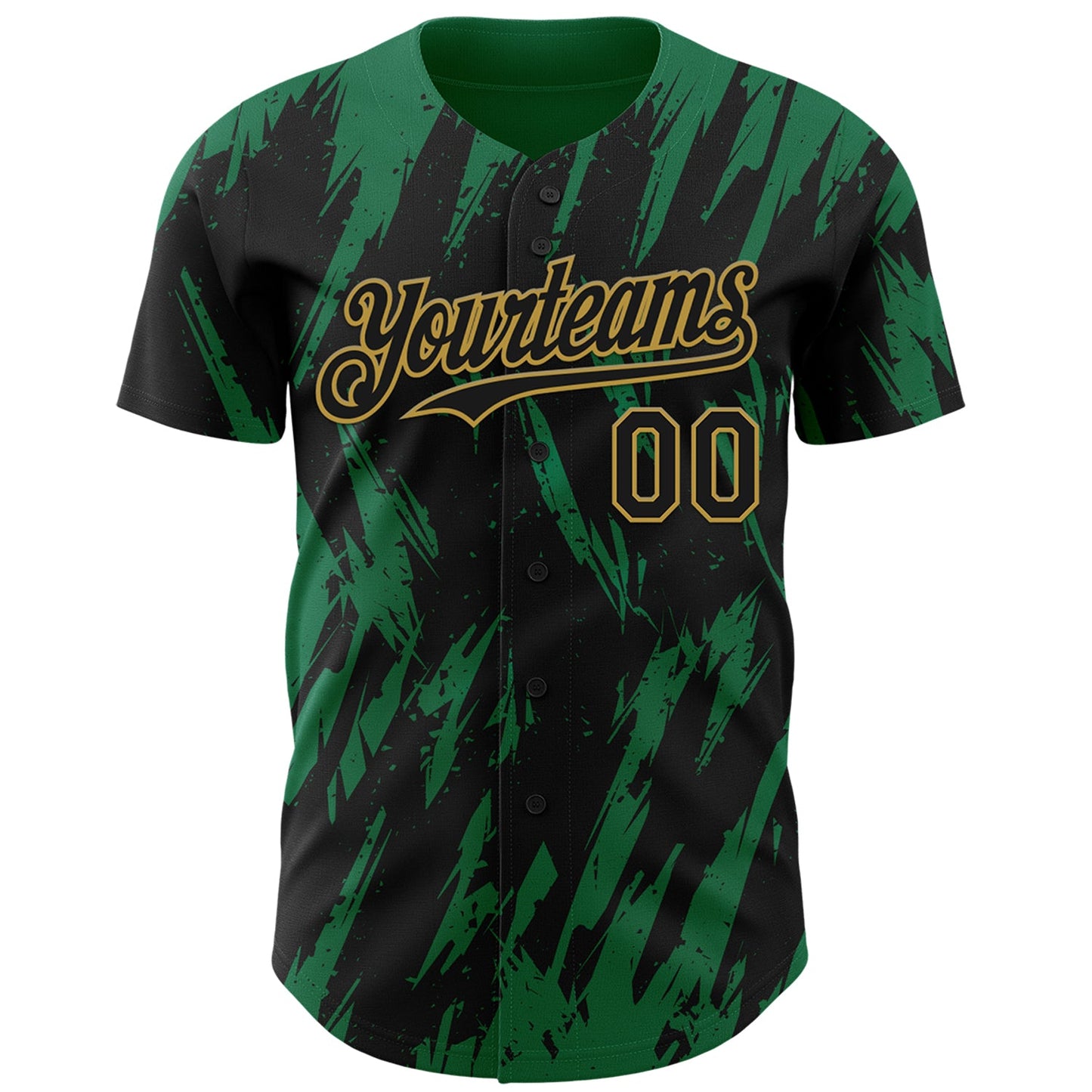 Custom Black Old Gold-Kelly Green Splatter Torn Sharp Brush Stroke Authentic Baseball Jersey
