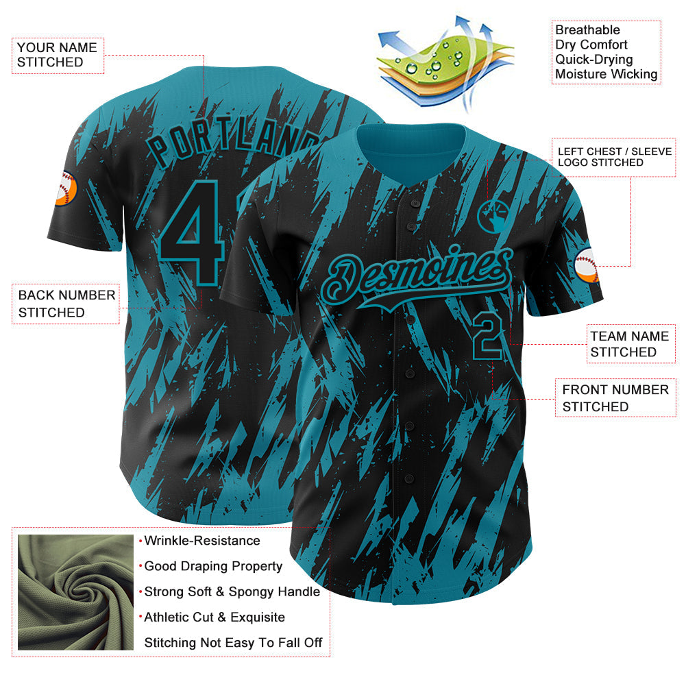 Custom Black Teal Splatter Torn Sharp Brush Stroke Authentic Baseball Jersey