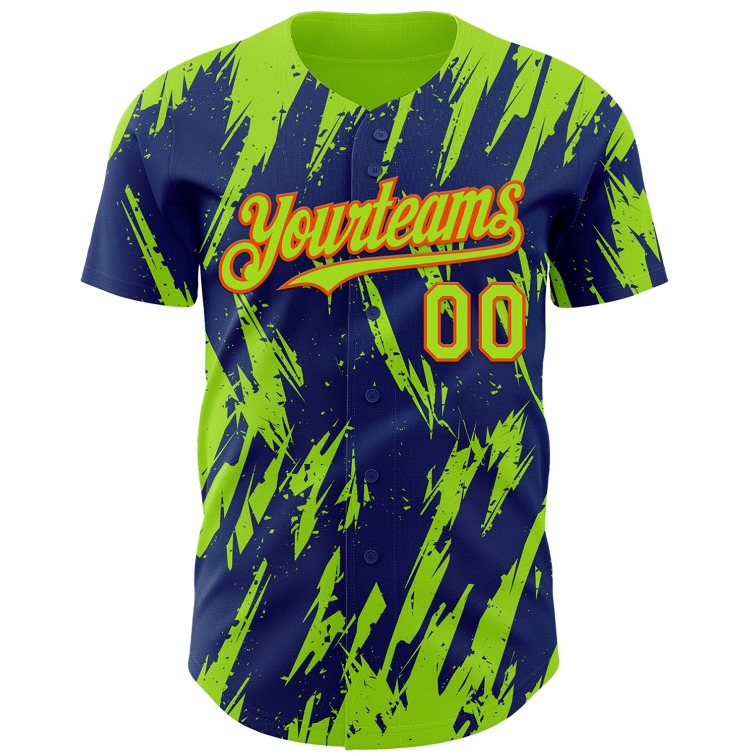 Custom Royal Neon Green-Orange Splatter Torn Sharp Brush Stroke Authentic Baseball Jersey