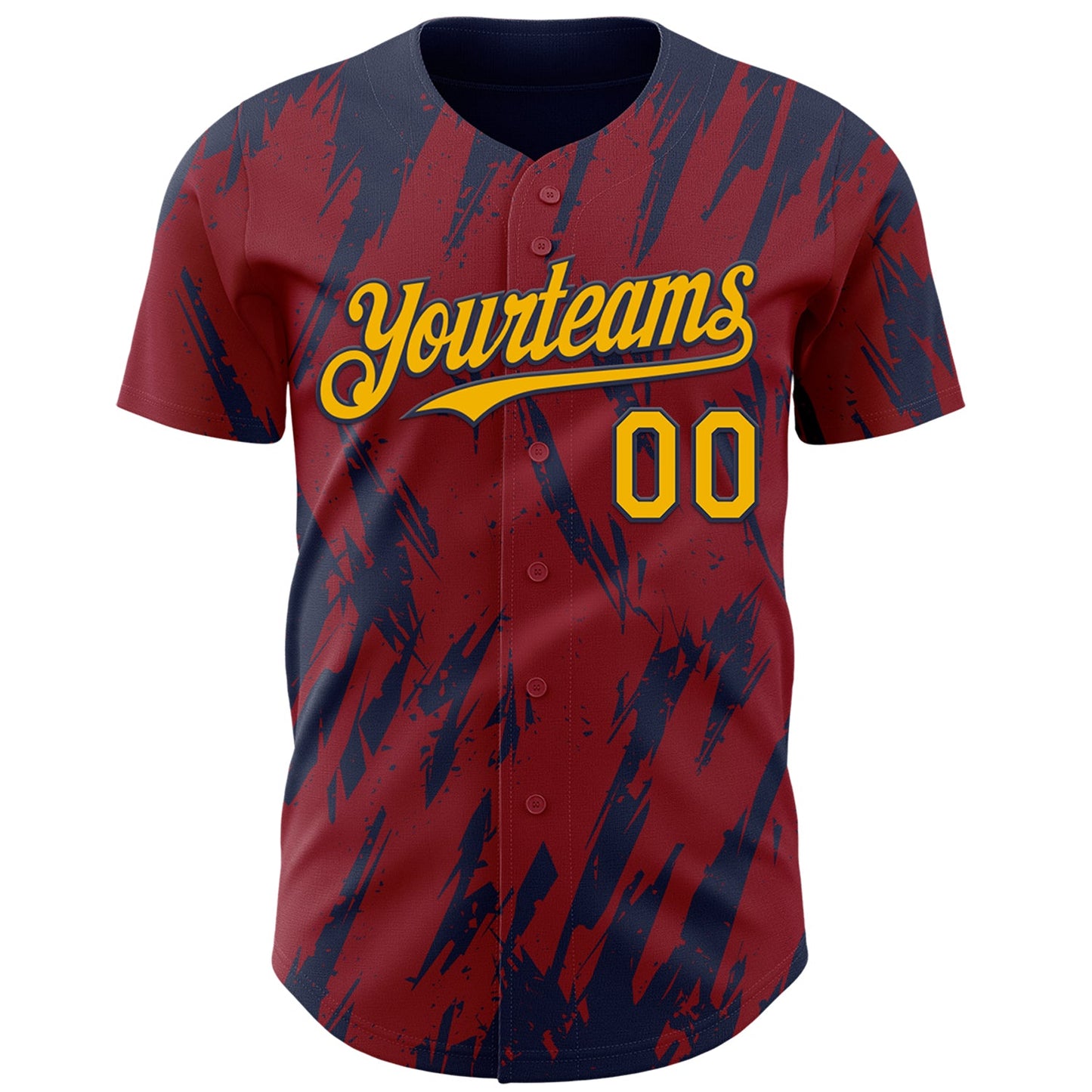 Custom Crimson Gold-Navy Splatter Torn Sharp Brush Stroke Authentic Baseball Jersey