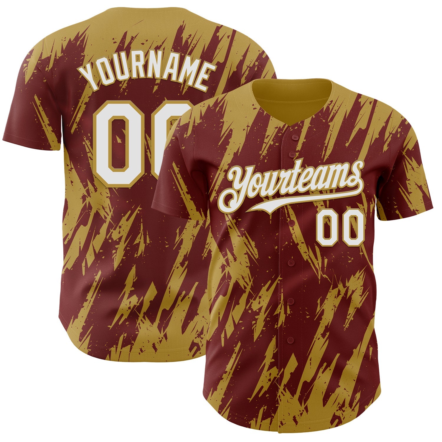 Custom Burgundy White-Old Gold Splatter Torn Sharp Brush Stroke Authentic Baseball Jersey