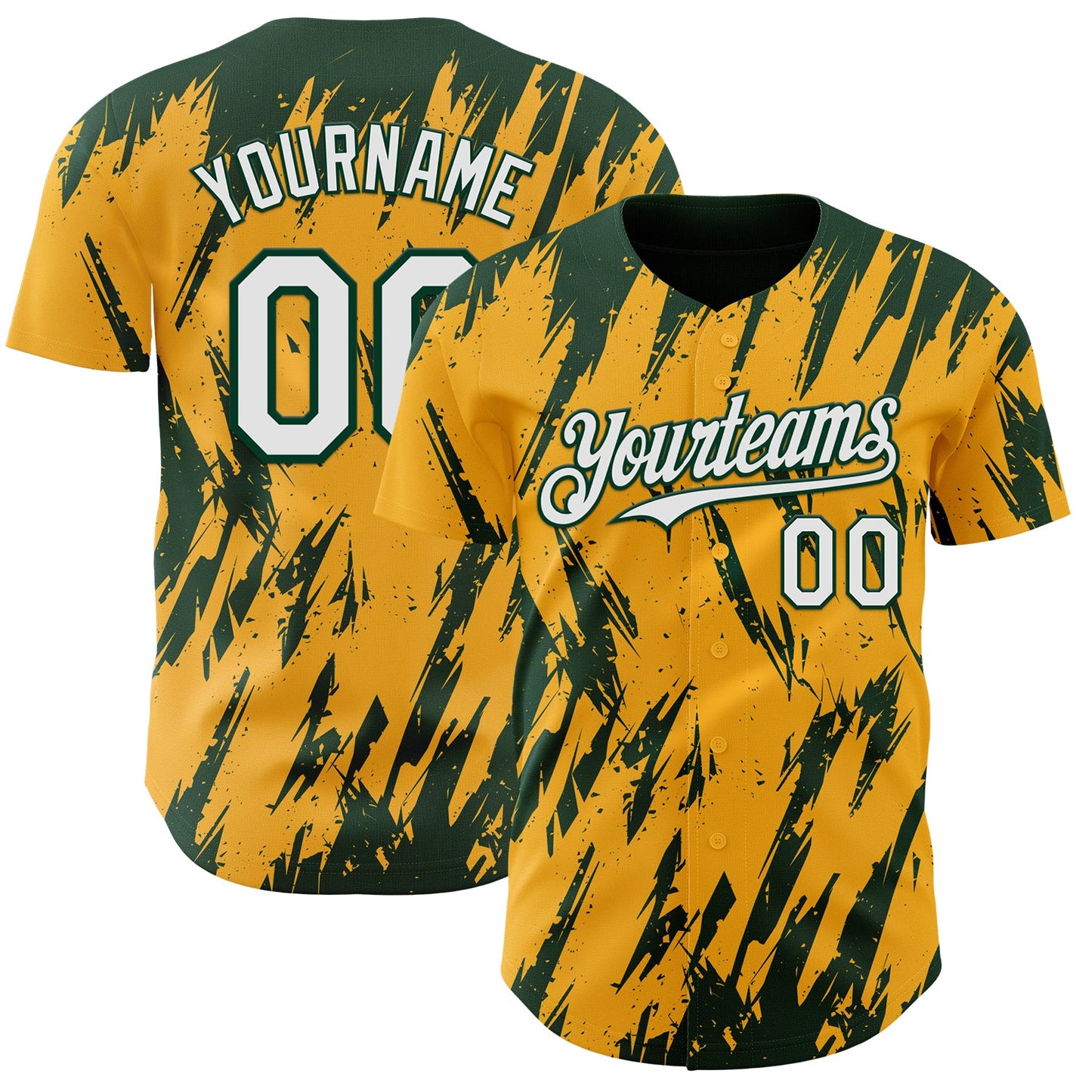 Custom Gold White-Green Splatter Torn Sharp Brush Stroke Authentic Baseball Jersey