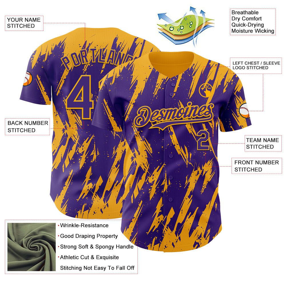 Custom Purple Gold Splatter Torn Sharp Brush Stroke Authentic Baseball Jersey