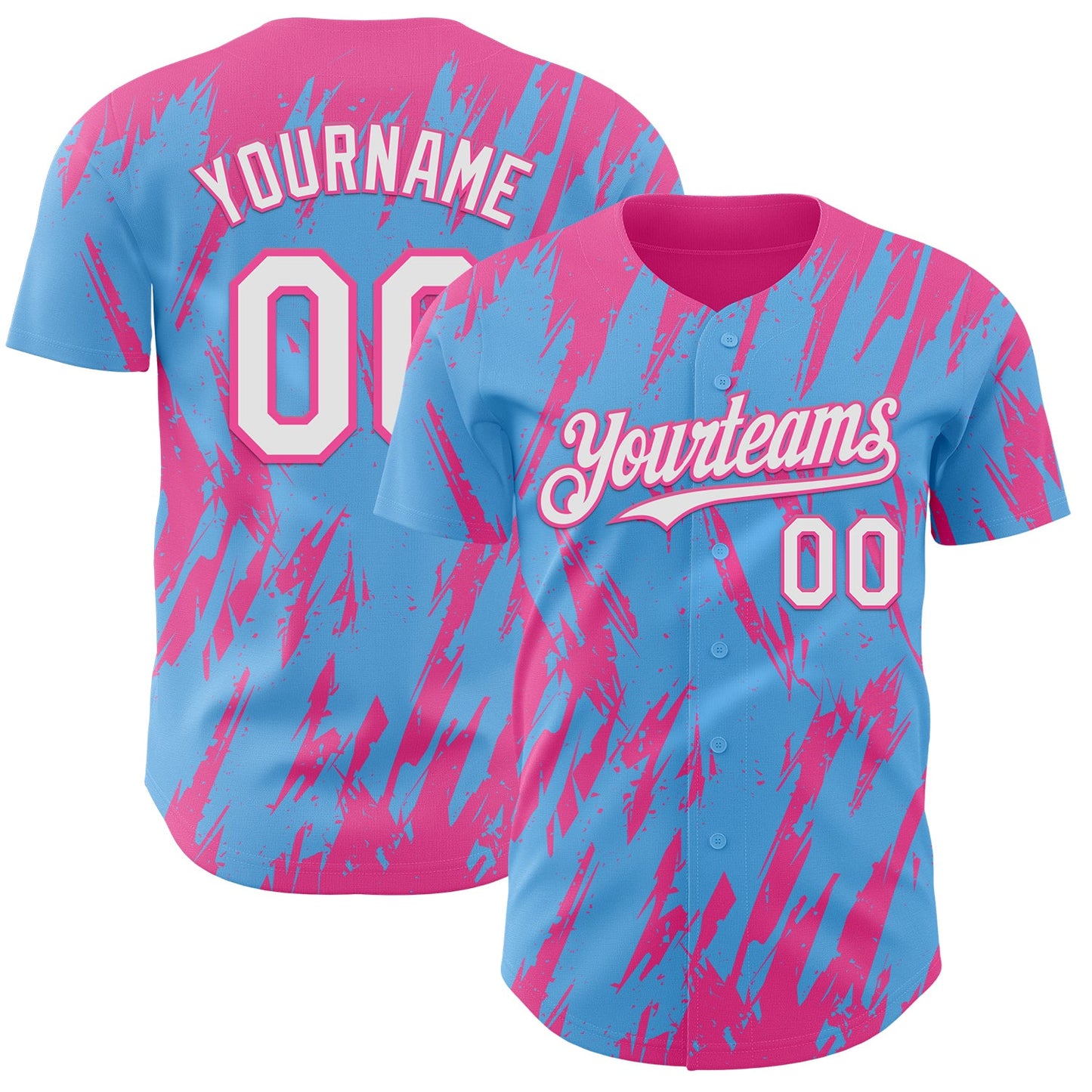 Custom Sky Blue White-Pink Splatter Torn Sharp Brush Stroke Authentic Baseball Jersey