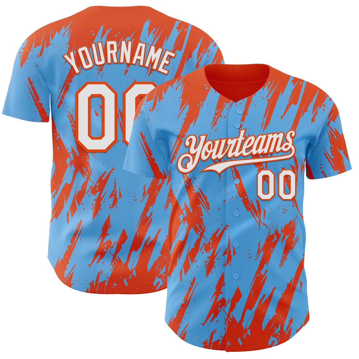 Custom Sky Blue White-Orange Splatter Torn Sharp Brush Stroke Authentic Baseball Jersey