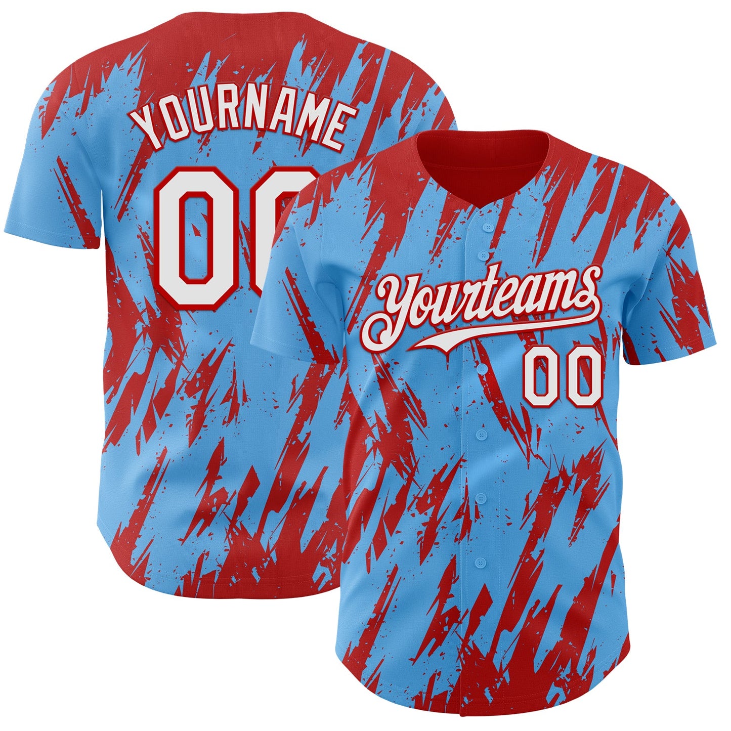 Custom Sky Blue White-Red Splatter Torn Sharp Brush Stroke Authentic Baseball Jersey