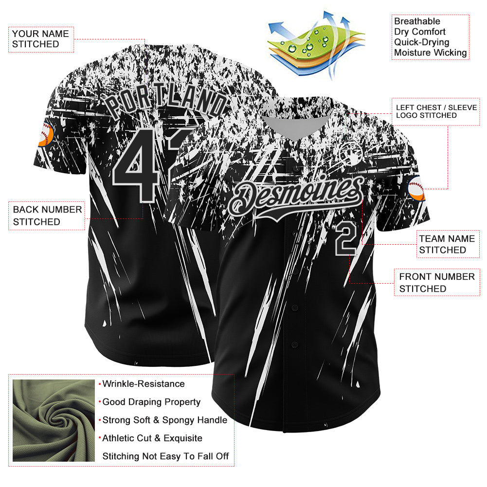 Custom Black White Distressed Scratch Brush Stroke Authentic Baseball Jersey