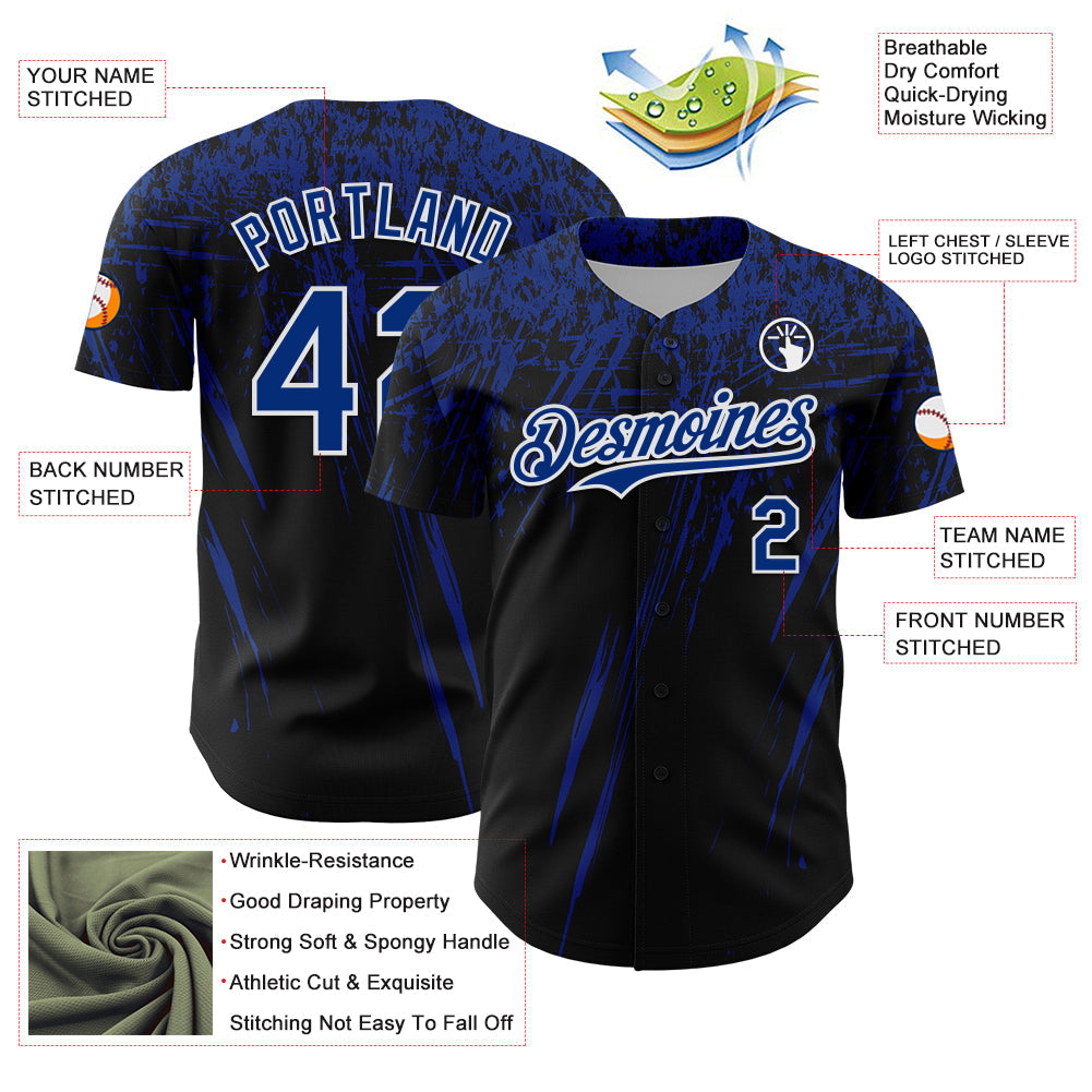 Custom Black Royal-White Distressed Scratch Brush Stroke Authentic Baseball Jersey