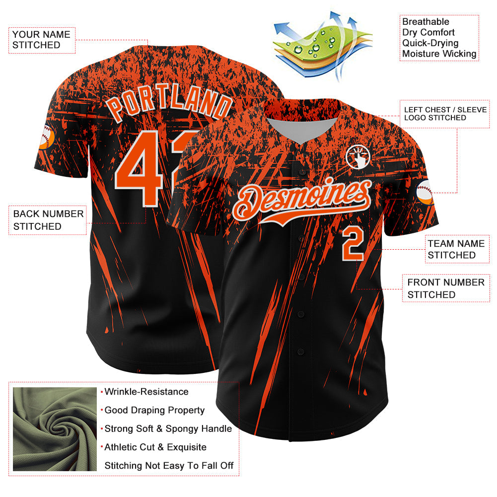 Custom Black Orange-White Distressed Scratch Brush Stroke Authentic Baseball Jersey