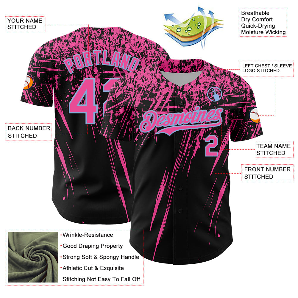 Custom Black Pink-Light Blue Distressed Scratch Brush Stroke Authentic Baseball Jersey