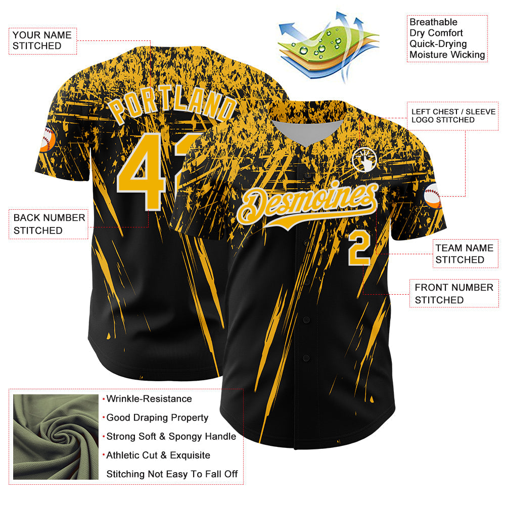 Custom Black Gold-White Distressed Scratch Brush Stroke Authentic Baseball Jersey