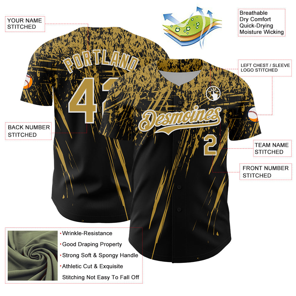 Custom Black Old Gold-White Distressed Scratch Brush Stroke Authentic Baseball Jersey