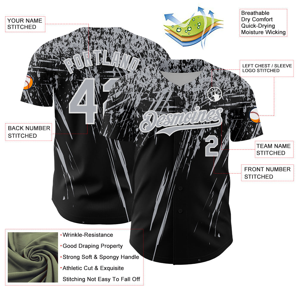 Custom Black Gray-White Distressed Scratch Brush Stroke Authentic Baseball Jersey