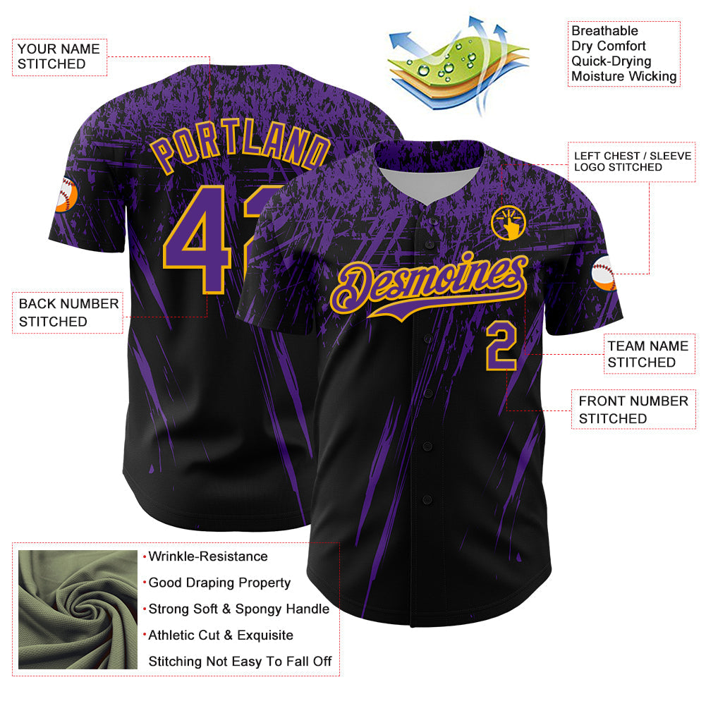 Custom Black Purple-Yellow Distressed Scratch Brush Stroke Authentic Baseball Jersey