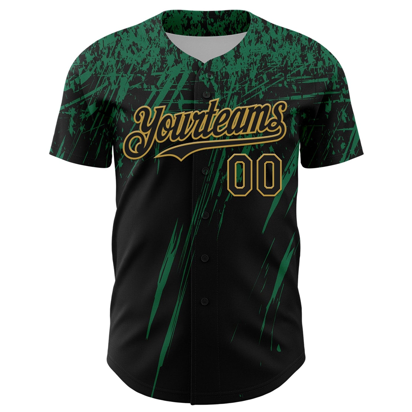Custom Black Kelly Green-Old Gold Distressed Scratch Brush Stroke Authentic Baseball Jersey