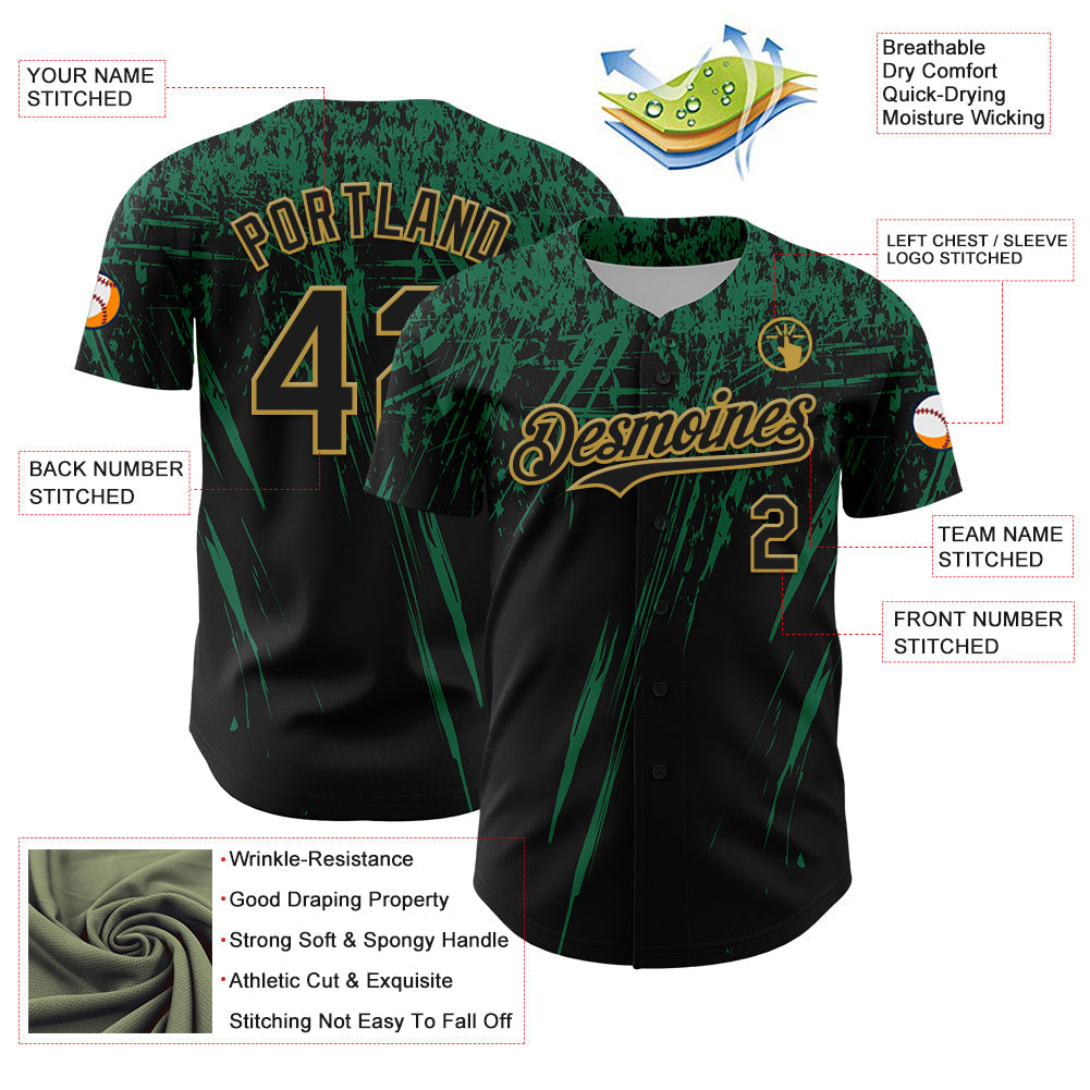 Custom Black Kelly Green-Old Gold Distressed Scratch Brush Stroke Authentic Baseball Jersey
