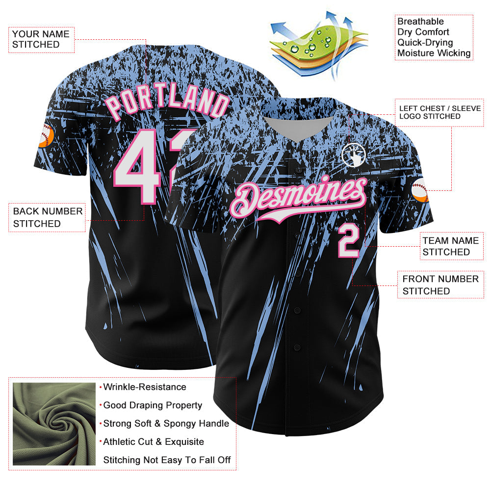 Custom Black White Light Blue-Pink Distressed Scratch Brush Stroke Authentic Baseball Jersey