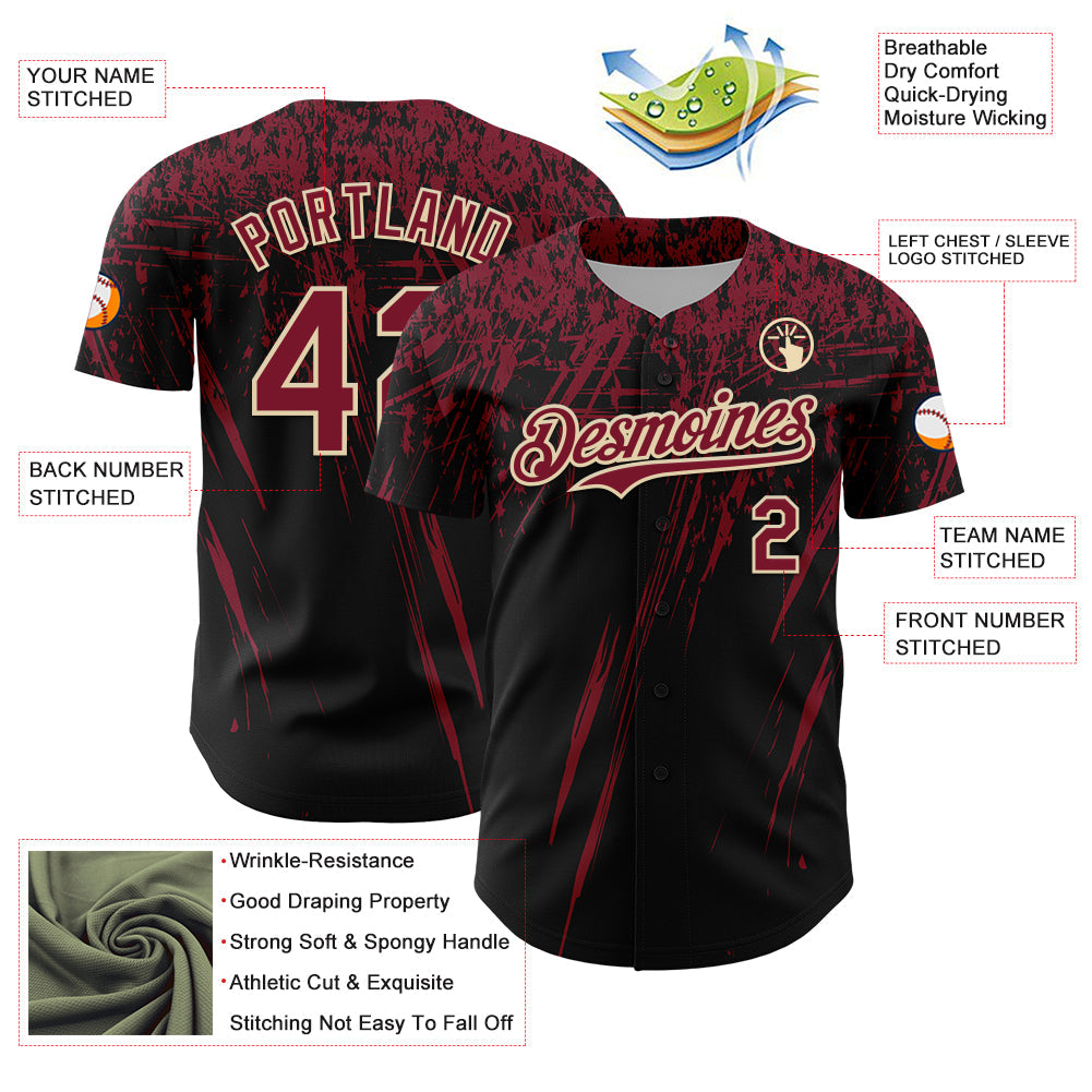 Custom Black Crimson-Cream Distressed Scratch Brush Stroke Authentic Baseball Jersey