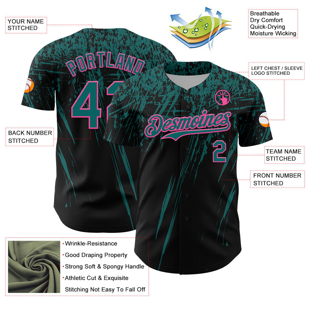 Custom Black Teal-Pink Distressed Scratch Brush Stroke Authentic Baseball Jersey