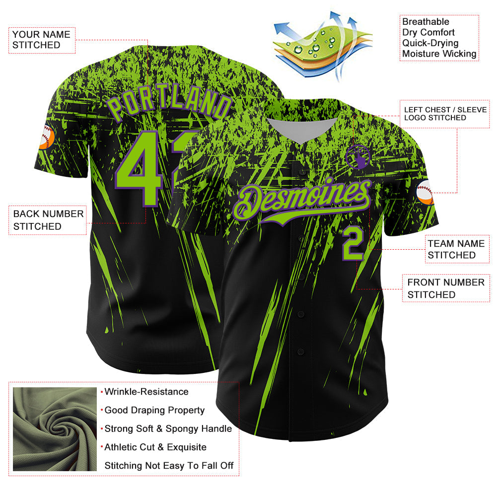 Custom Black Neon Green-Purple Distressed Scratch Brush Stroke Authentic Baseball Jersey
