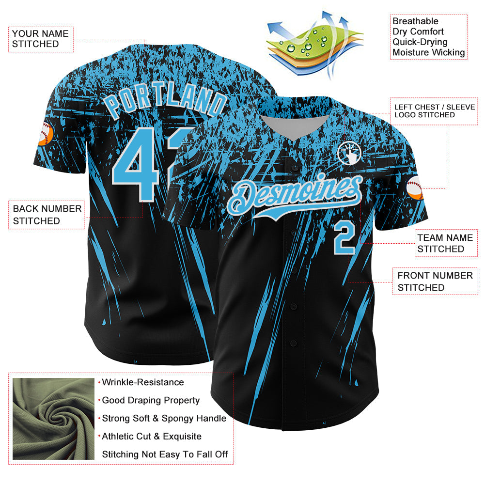 Custom Black Sky Blue-White Distressed Scratch Brush Stroke Authentic Baseball Jersey