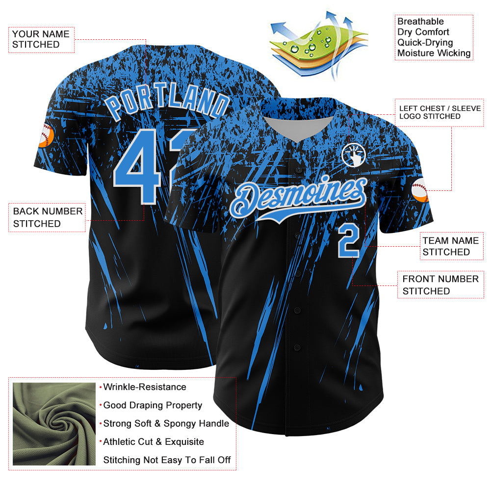 Custom Black Electric Blue-White Distressed Scratch Brush Stroke Authentic Baseball Jersey