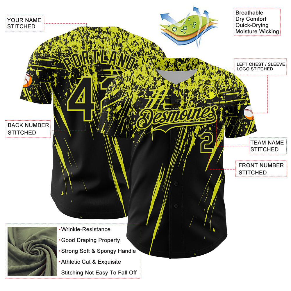 Custom Black Neon Yellow Distressed Scratch Brush Stroke Authentic Baseball Jersey