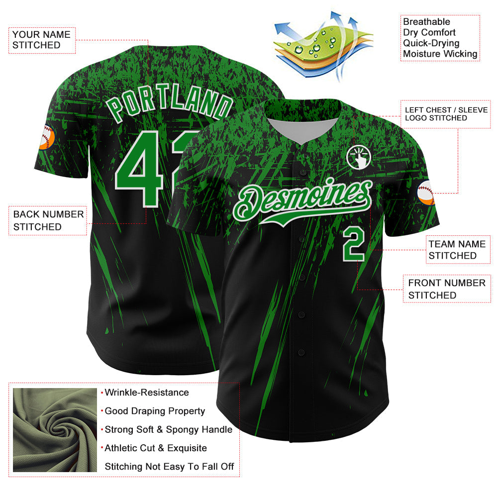 Custom Black Grass Green-White Distressed Scratch Brush Stroke Authentic Baseball Jersey
