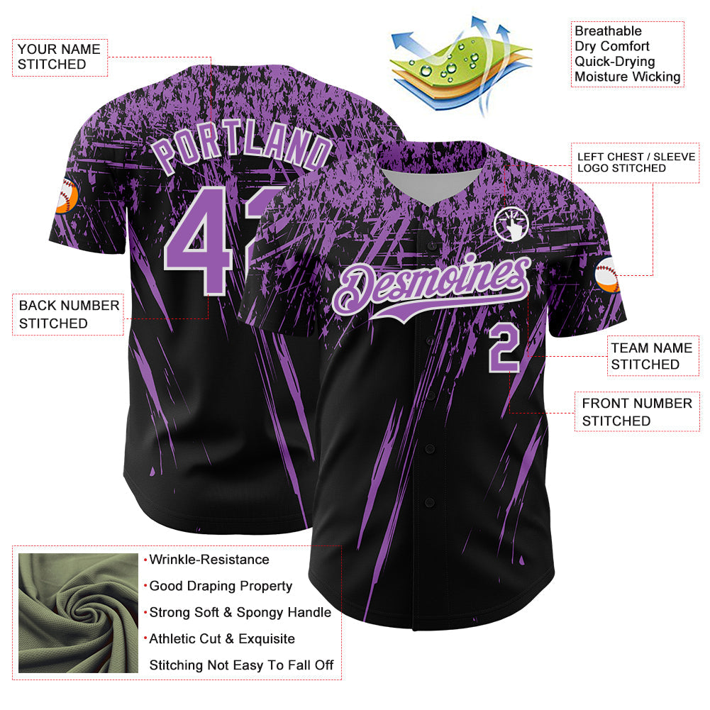 Custom Black Medium Purple-White Distressed Scratch Brush Stroke Authentic Baseball Jersey