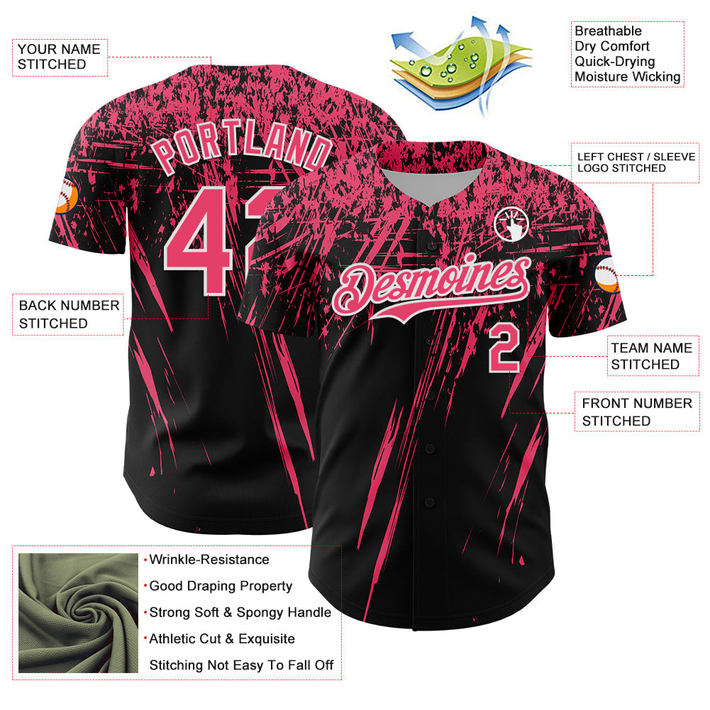 Custom Black Neon Pink-White Distressed Scratch Brush Stroke Authentic Baseball Jersey