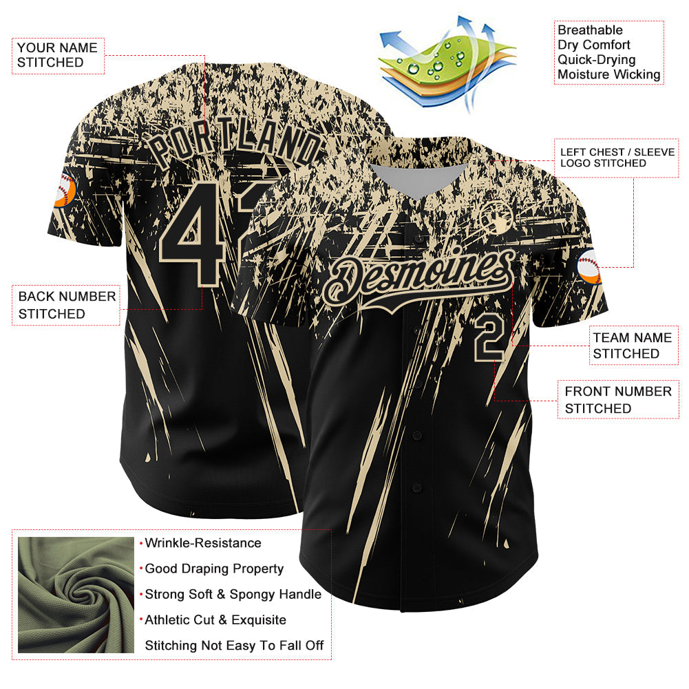 Custom Black Cream Distressed Scratch Brush Stroke Authentic Baseball Jersey