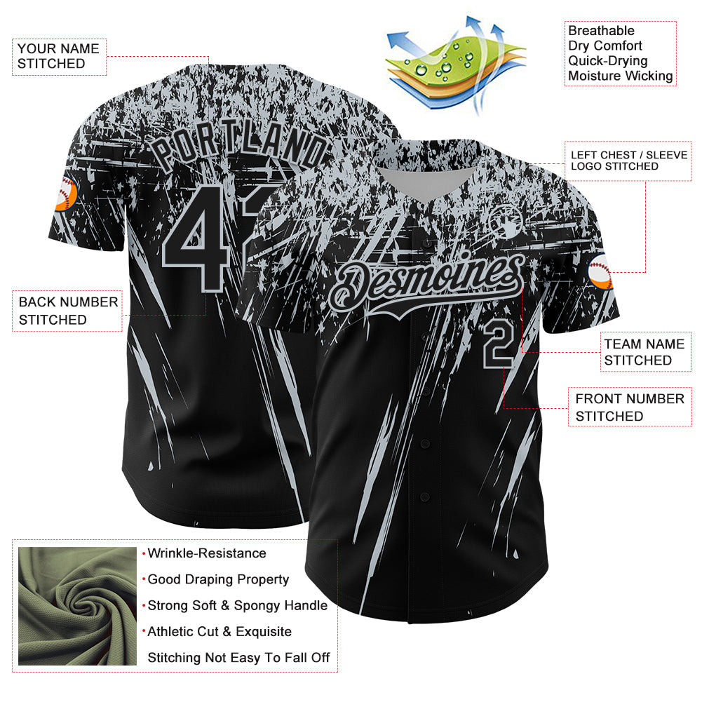 Custom Black Silver Distressed Scratch Brush Stroke Authentic Baseball Jersey