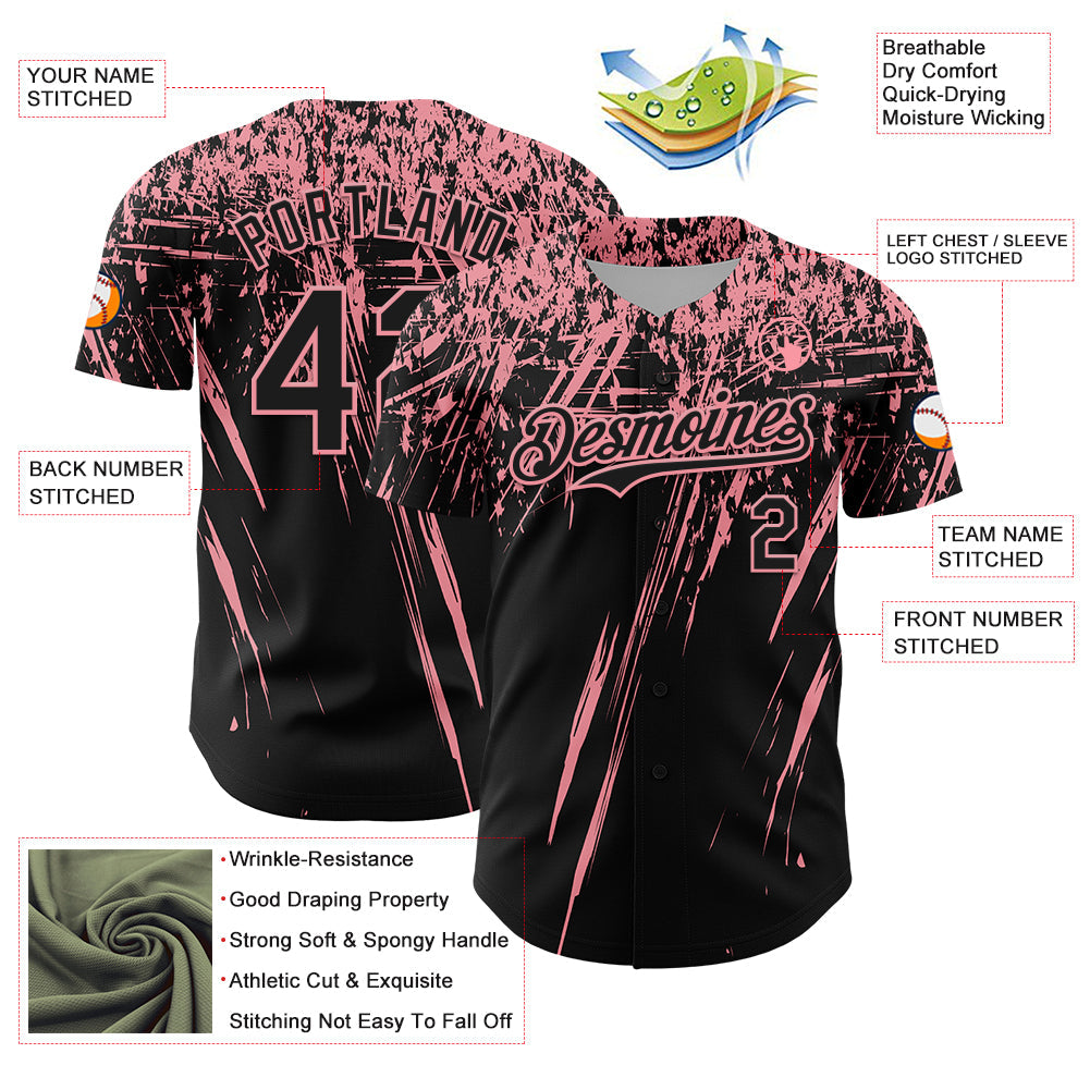 Custom Black Medium Pink Distressed Scratch Brush Stroke Authentic Baseball Jersey