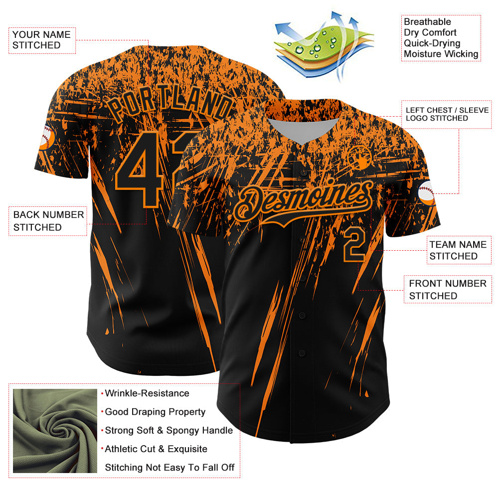 Custom Black Bay Orange Distressed Scratch Brush Stroke Authentic Baseball Jersey