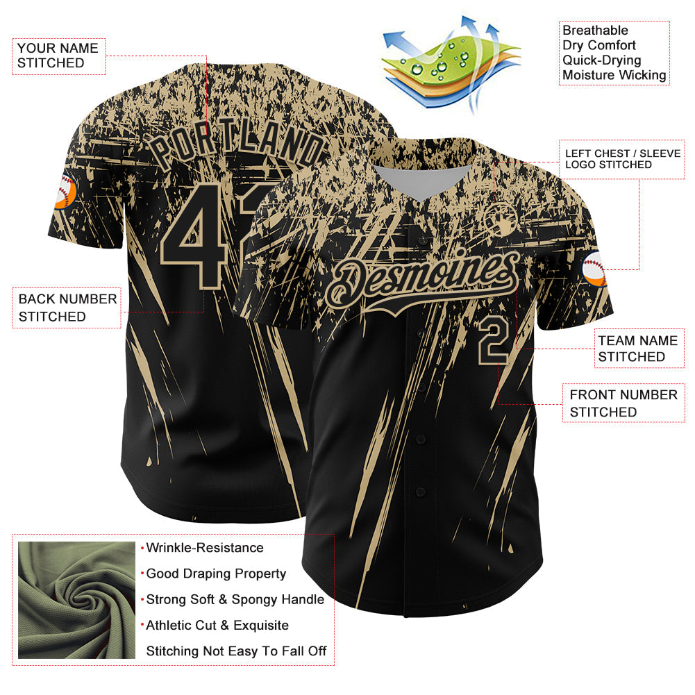 Custom Black Vegas Gold Distressed Scratch Brush Stroke Authentic Baseball Jersey