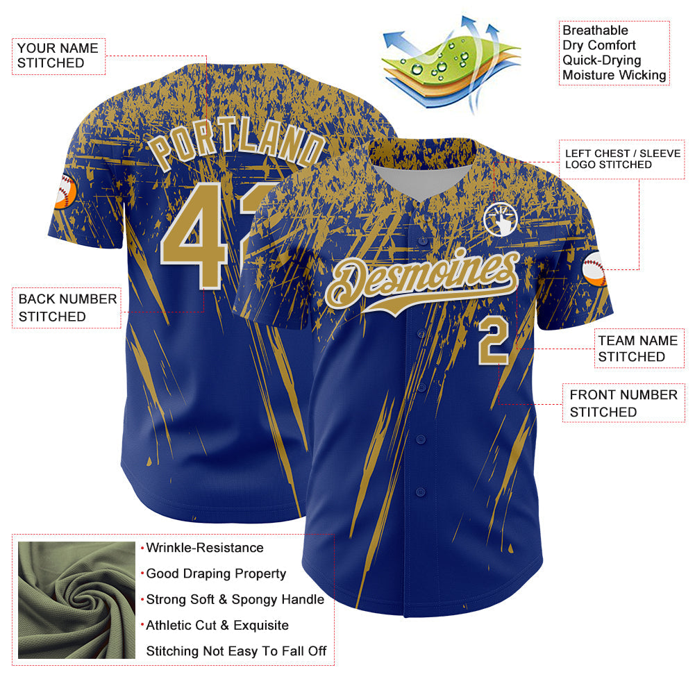 Custom Royal Old Gold-White Distressed Scratch Brush Stroke Authentic Baseball Jersey