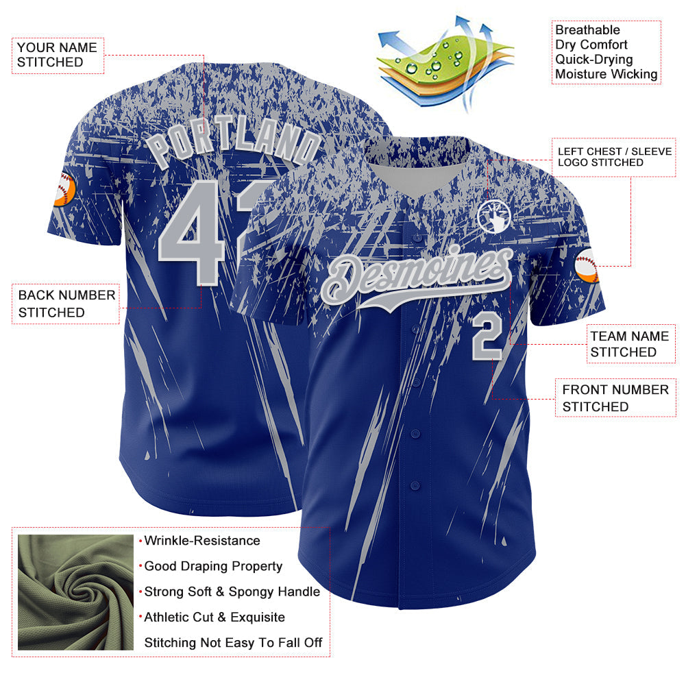 Custom Royal Gray-White Distressed Scratch Brush Stroke Authentic Baseball Jersey