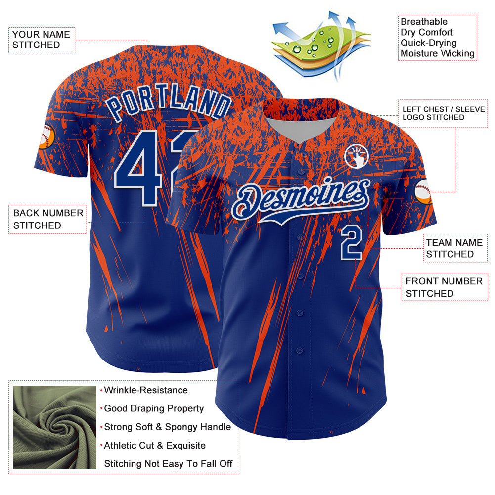 Custom Royal Orange-White Distressed Scratch Brush Stroke Authentic Baseball Jersey