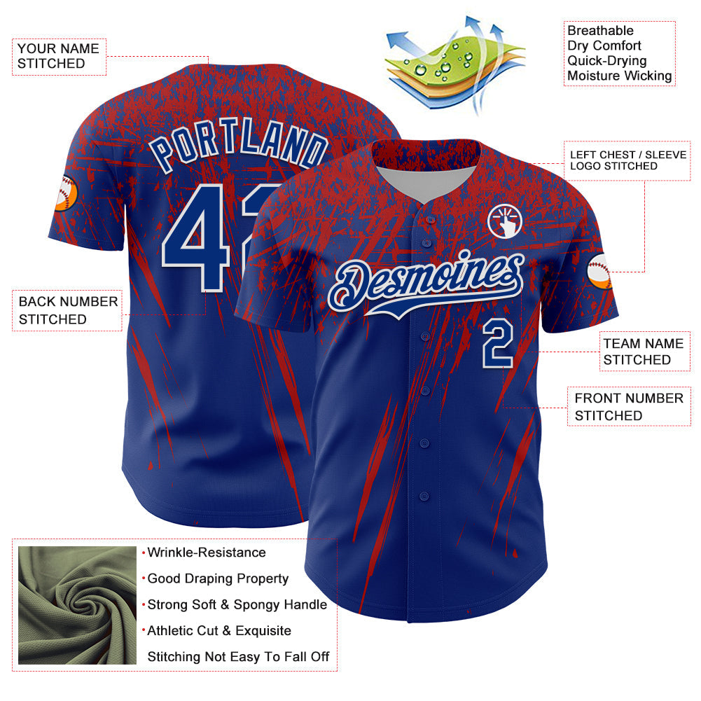 Custom Royal Red-White Distressed Scratch Brush Stroke Authentic Baseball Jersey