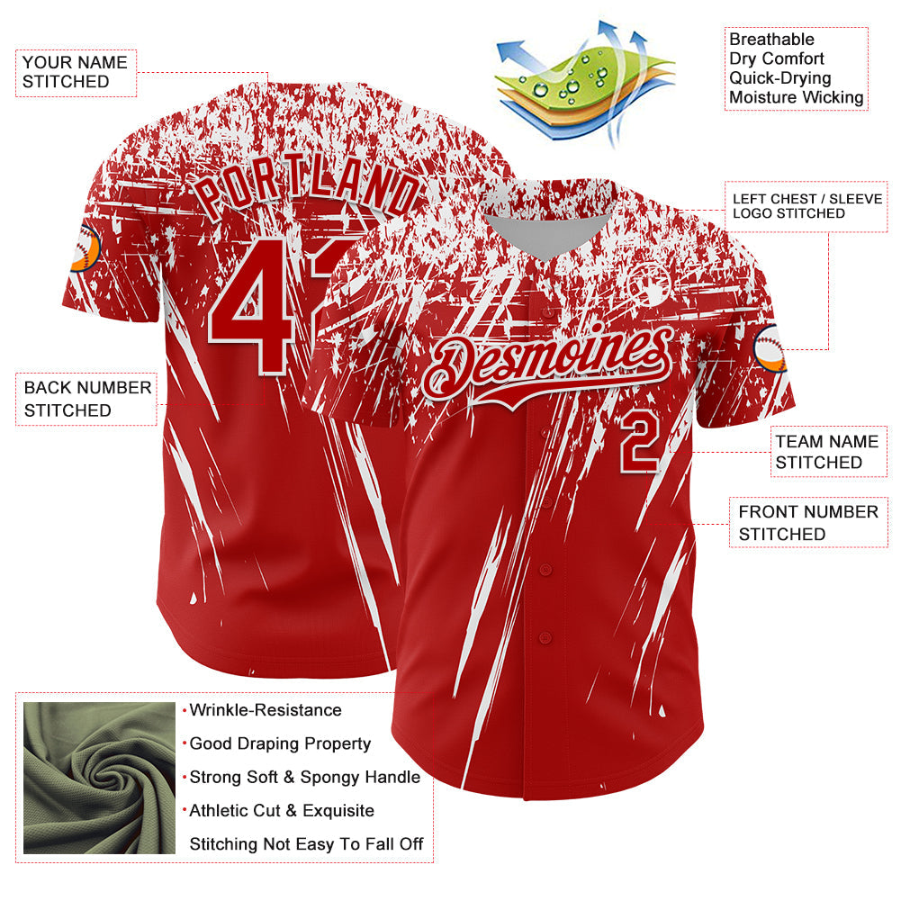 Custom Red White Distressed Scratch Brush Stroke Authentic Baseball Jersey