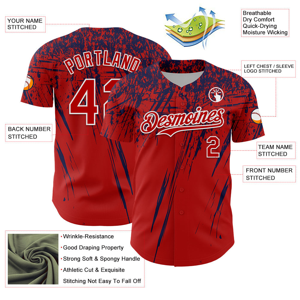 Custom Red Navy-White Distressed Scratch Brush Stroke Authentic Baseball Jersey