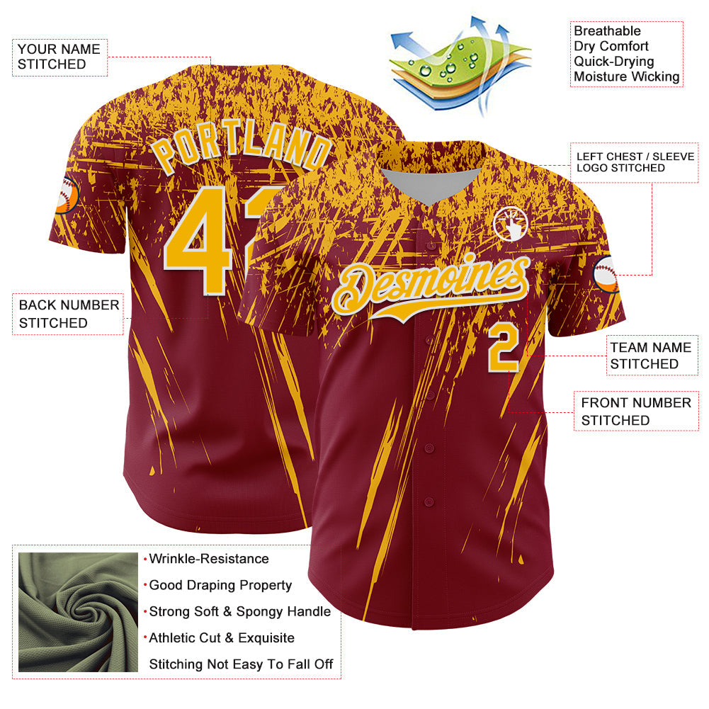 Custom Crimson Gold-White Distressed Scratch Brush Stroke Authentic Baseball Jersey
